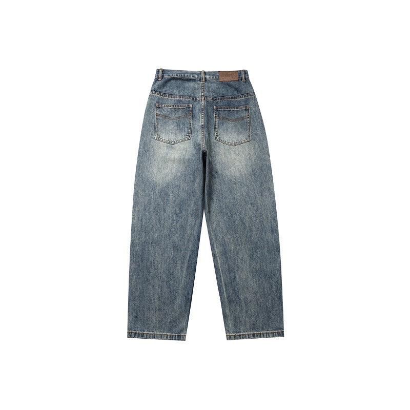 Floral Washed Cat Whiskers Denim Loose Straight Leg Casual Wide Leg Pants