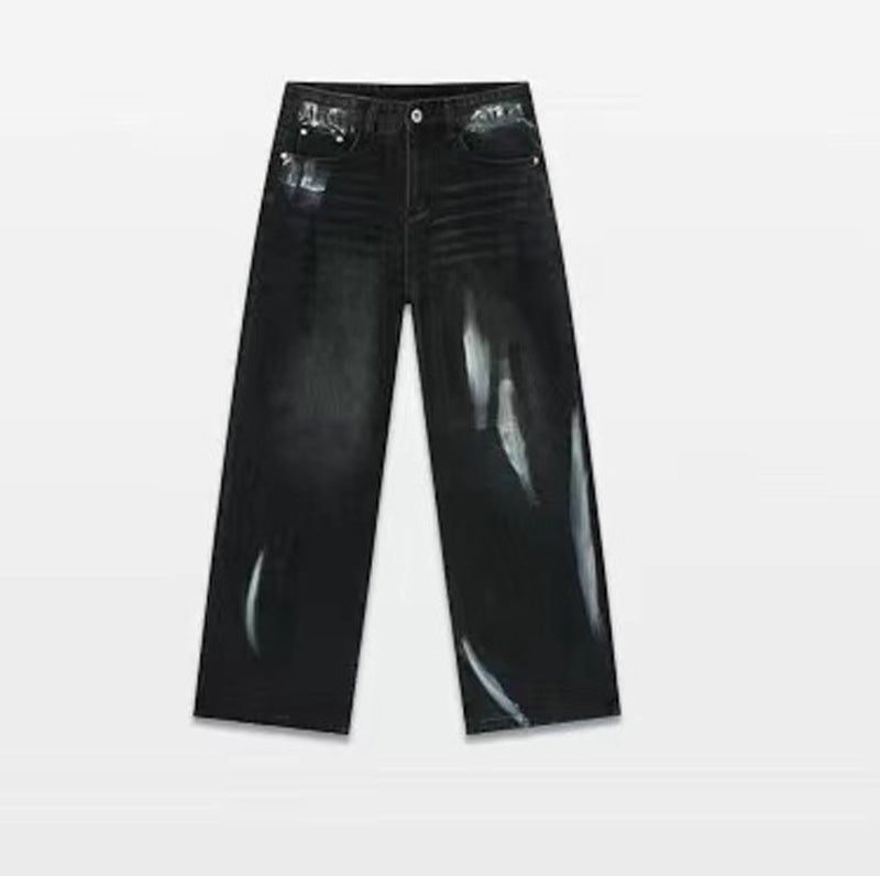 Graffiti Denim Pants for Men - Unique Loose Straight Leg Casual Trousers