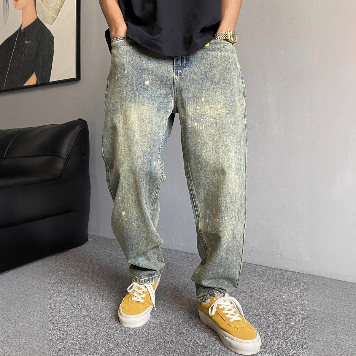 Casual Streetwear Vintage Splatter Denim Pants for Men