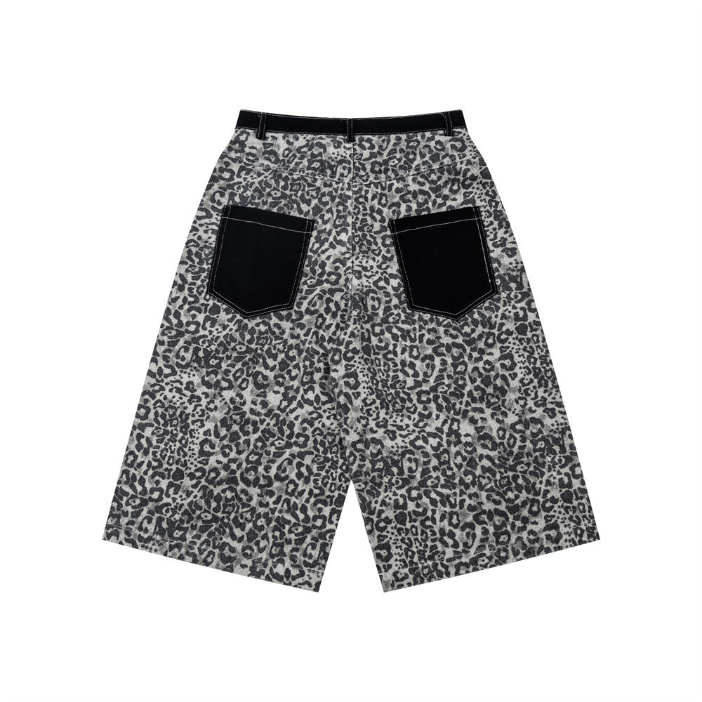 Leopard Embroidered Mid-Rise Denim Shorts — Apricot & Black