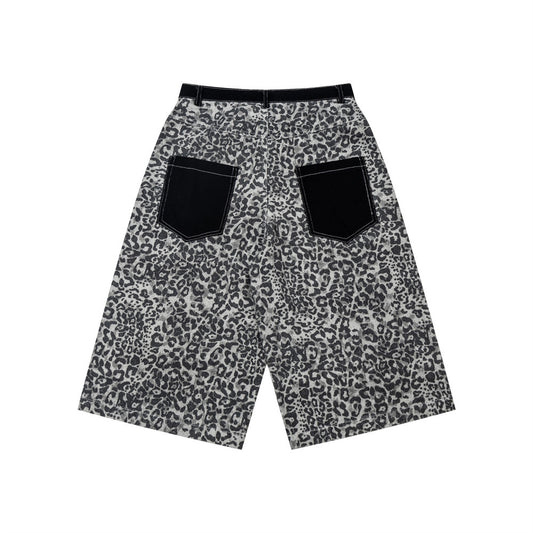 Leopard Embroidered Mid-Rise Denim Shorts — Apricot & Black