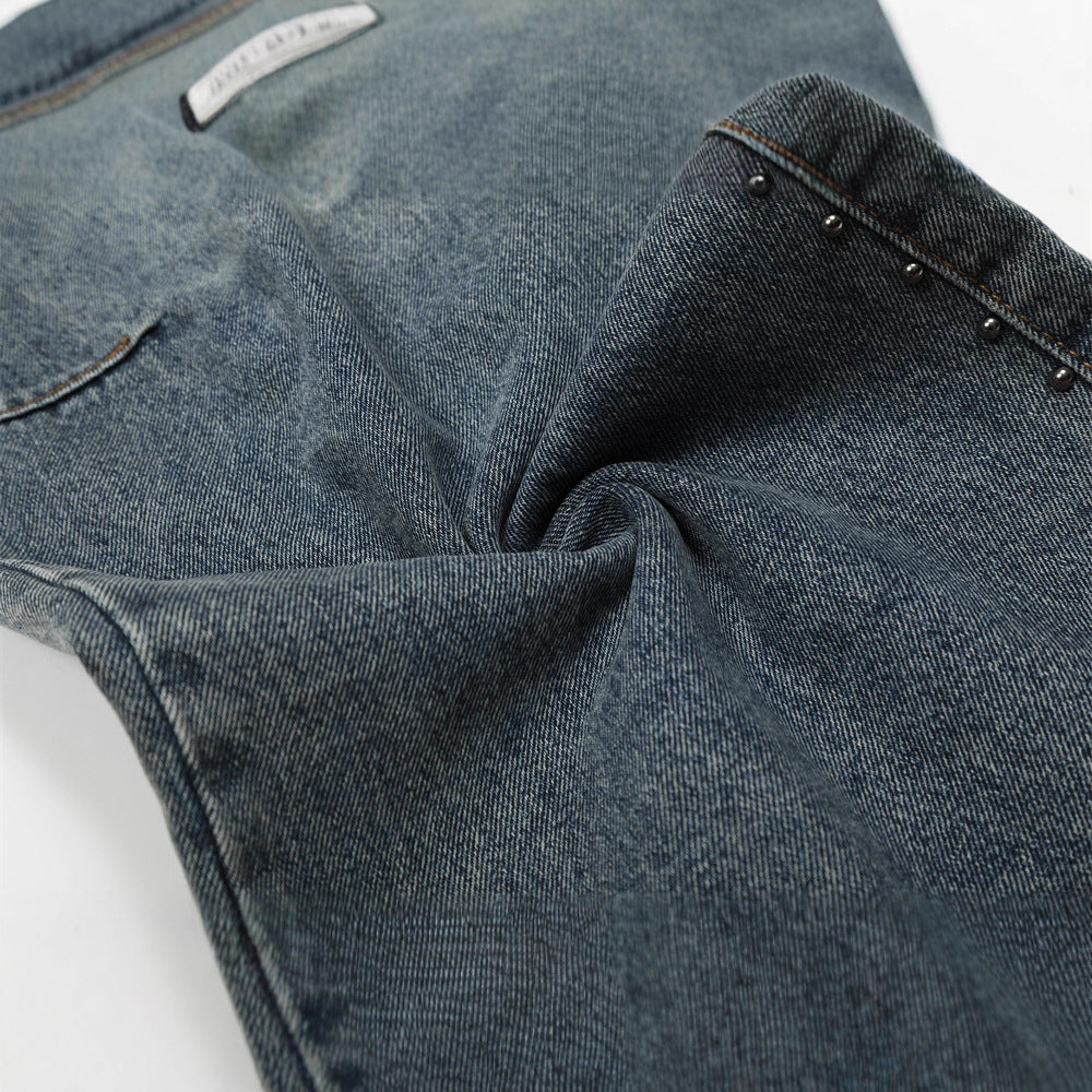 Men's Denim Pants, Patchwork Cat Whisker Design Loose Fit, Casual Wide Leg Jeans for Men