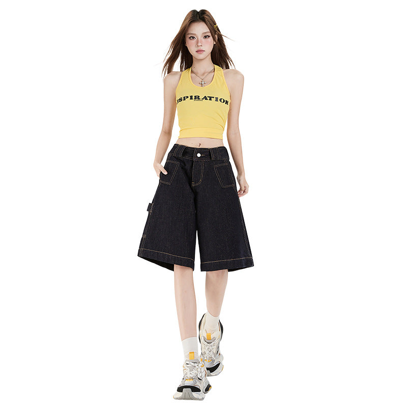 Color-Blocked Denim Pants for Women Casual Loose Straight Leg Capri Pants
