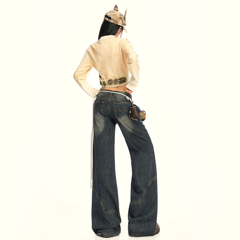 Women's Wide-Leg Jeans with Splicing Retro Design - Loose and Slimming Flare Pants