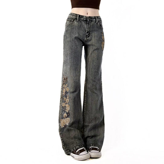 Bead Embroidery Floral Design Vintage Washed Micro Flared Jeans