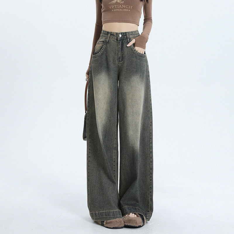 Women's Wide-Leg High-Waisted Distressed Jeans - Vintage Blue
