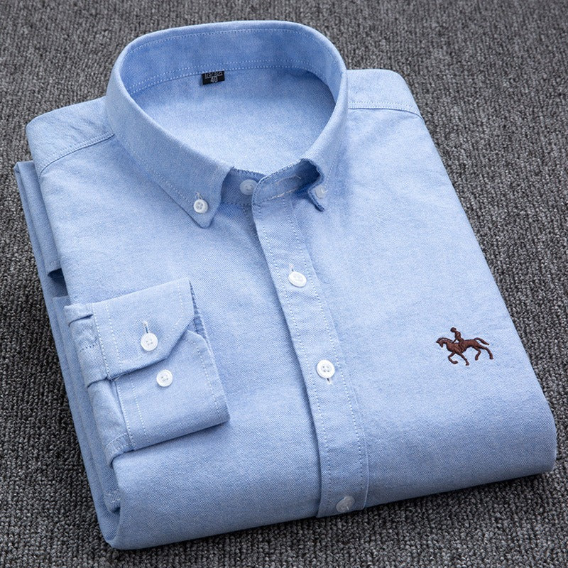 Pure Cotton Men's Long-Sleeved Oxford Shirt - Embroidered Logo