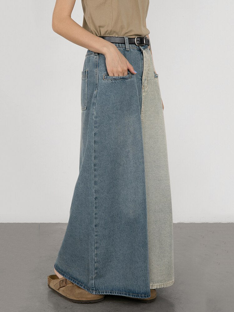 Large Women's Denim Skirt with Color Block Design – Vintage Knee-Length