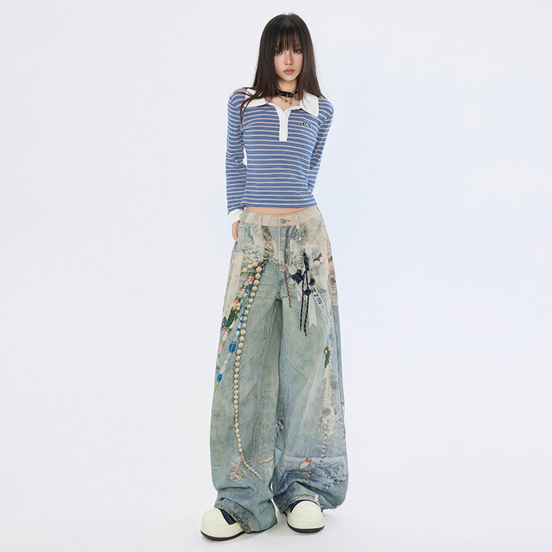 Retro High Street 3D Chain Print Denim Pants for Women - Loose High Waist Wide Leg Trousers