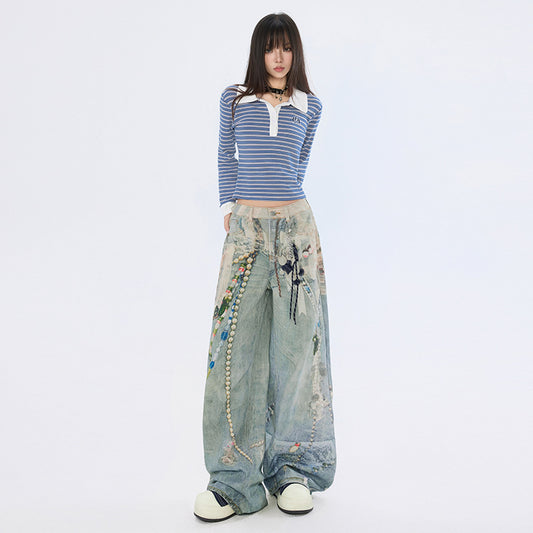 Retro High Street 3D Chain Print Denim Pants for Women - Loose High Waist Wide Leg Trousers