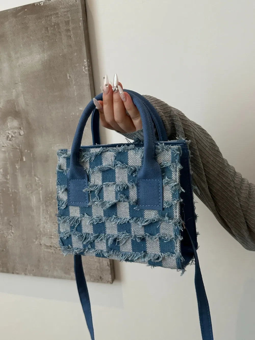 Handcrafted Checkered Denim Handbag with Raw Hem