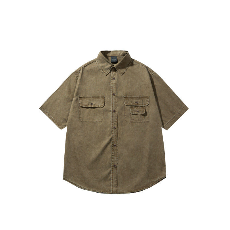 Retro Washed Distressed Patch Pocket Loose Workwear Shirt for Men