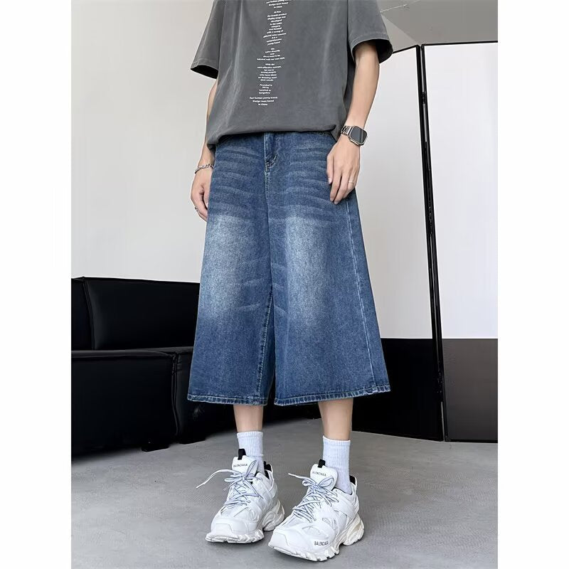Retro Washed Wide Leg Seven Quarter Jeans for Men