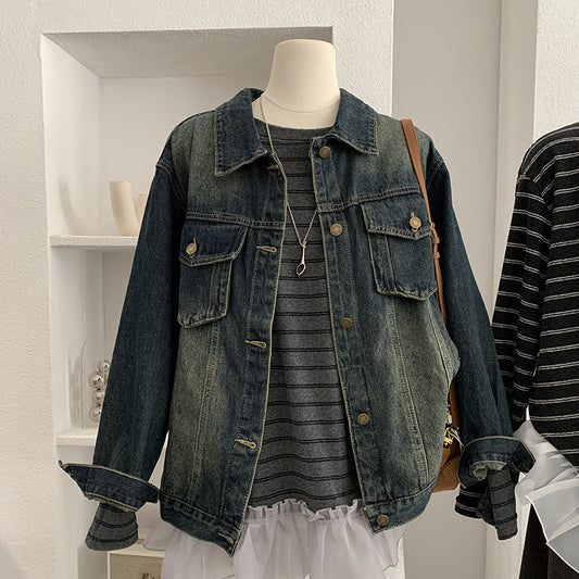 Vintage Distressed Denim Jacket for Women, Loose Fit Single-Breasted, Long Sleeve Top