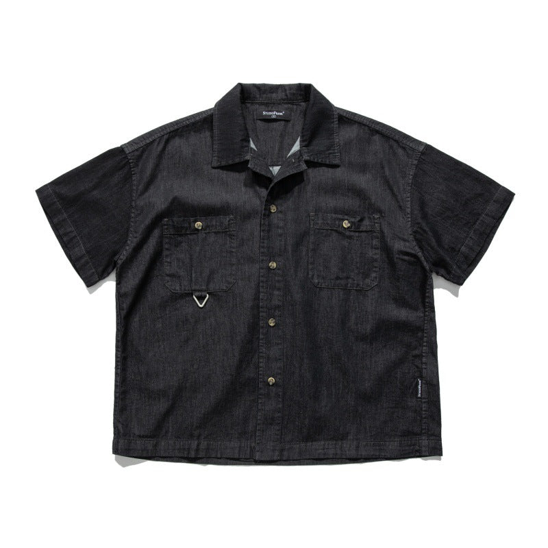 Cuban Collar Loose Fit Denim Shirt for Men
