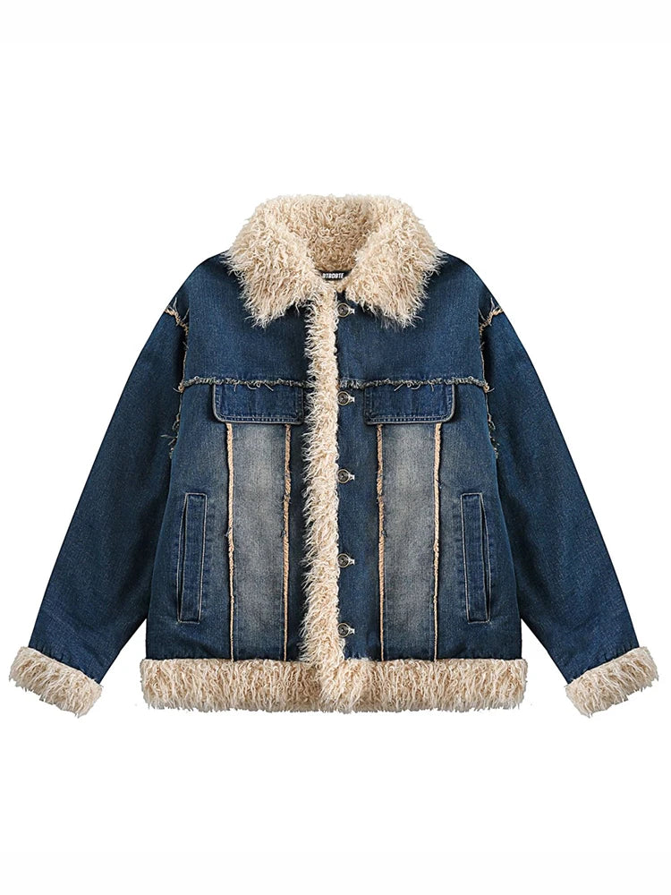 Women's Denim Coat with Fur Lapel - Single Breasted