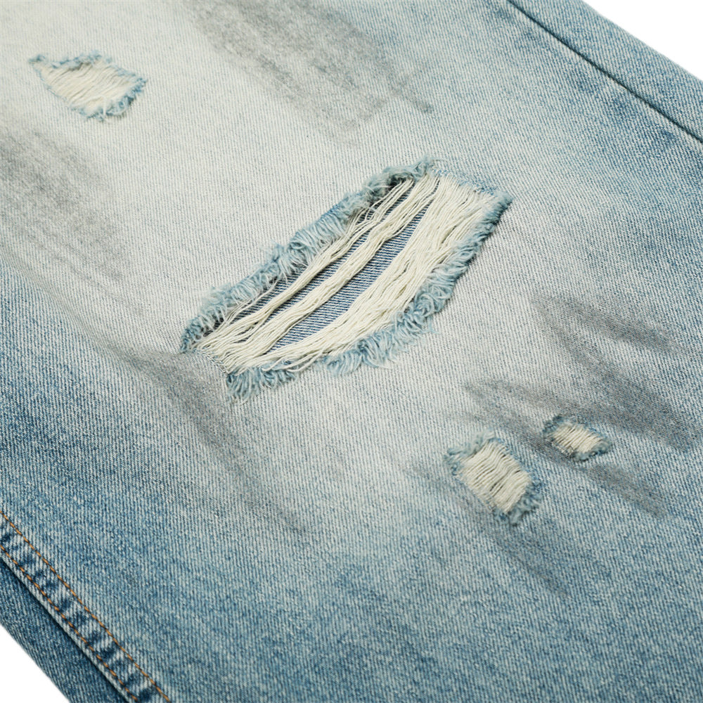 Men's Vintage Distressed Denim Pants with Double Pockets