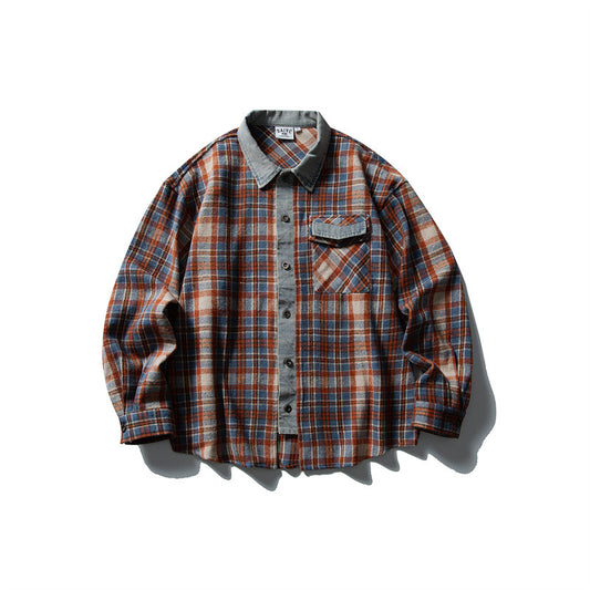 Color Blocked Denim Patchwork Brushed Plaid Shirt