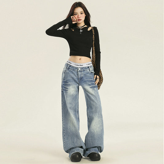 Women's Pleated Wide-Leg Jeans - Low-Waist Straight Leg Slimming Pants