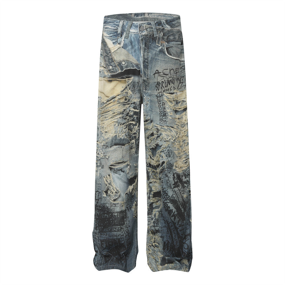 Men's Vintage Distressed 3D Printed Denim Pants