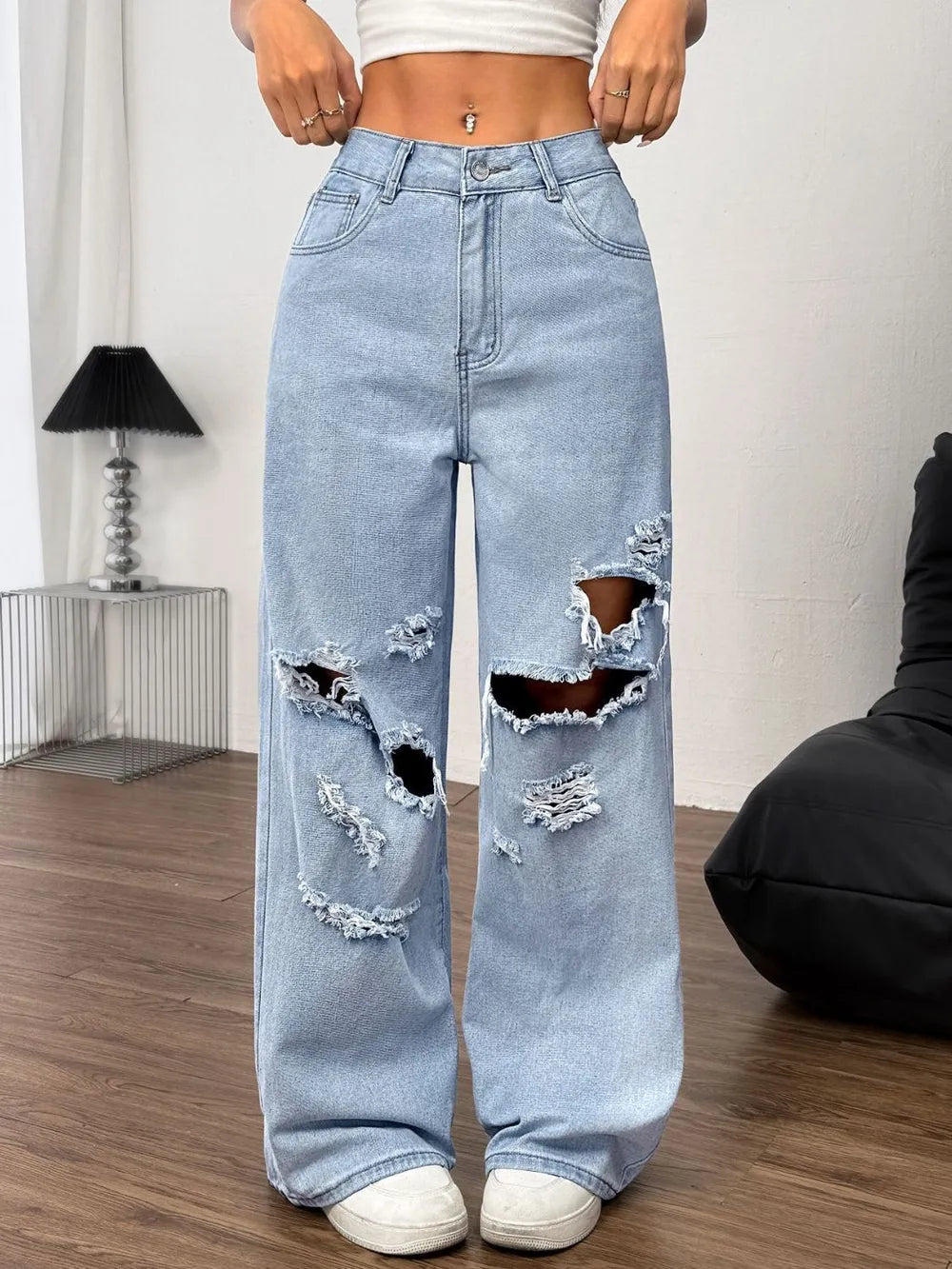 Ripped Wide Leg Jeans with Pockets - Premium Japanese Denim