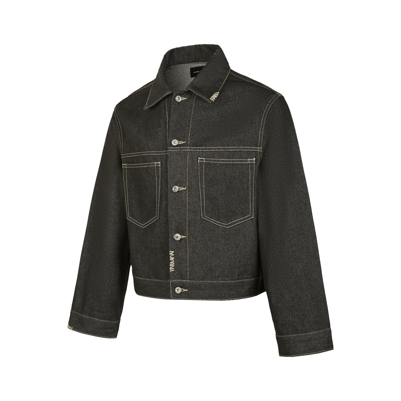 Short Wide Boxed Double Pocket Turn-Down Collar Denim Suit Jacket for Men and Women