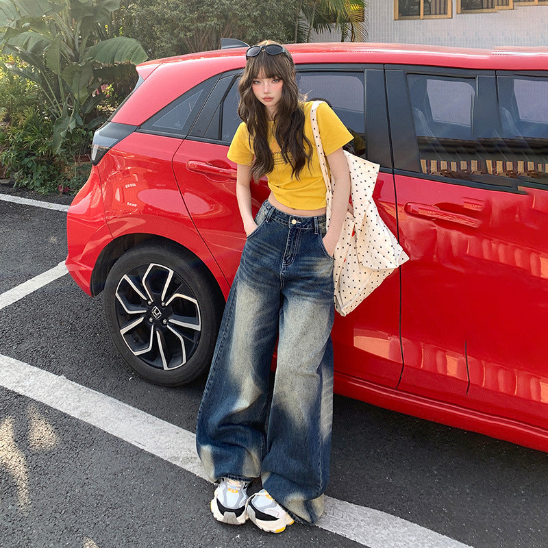 Women's Wide-Leg Jeans - Low-Waist Loose Washed Straight Pants