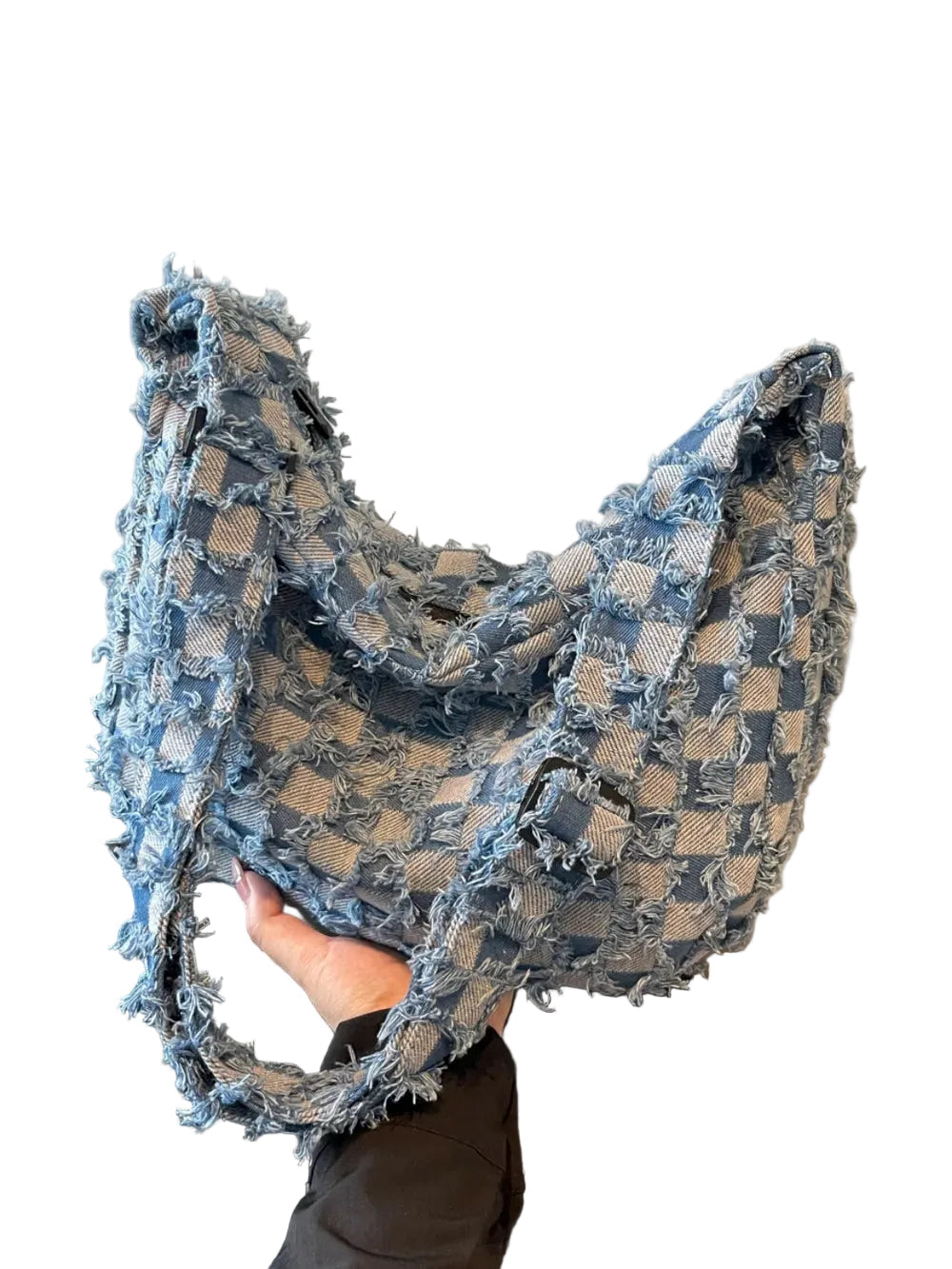 Checkered Raw Edge Denim Shoulder Bag