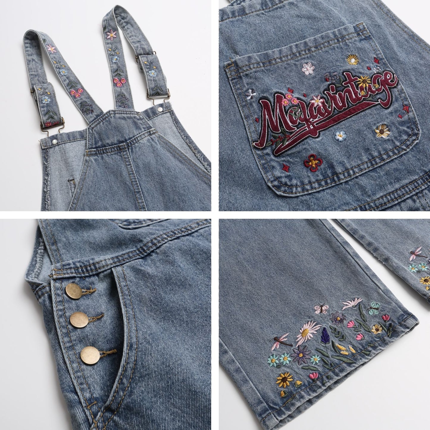 Washed Floral Letter Embroidery Denim Overalls Unisex High Street Retro Loose Jumpsuit