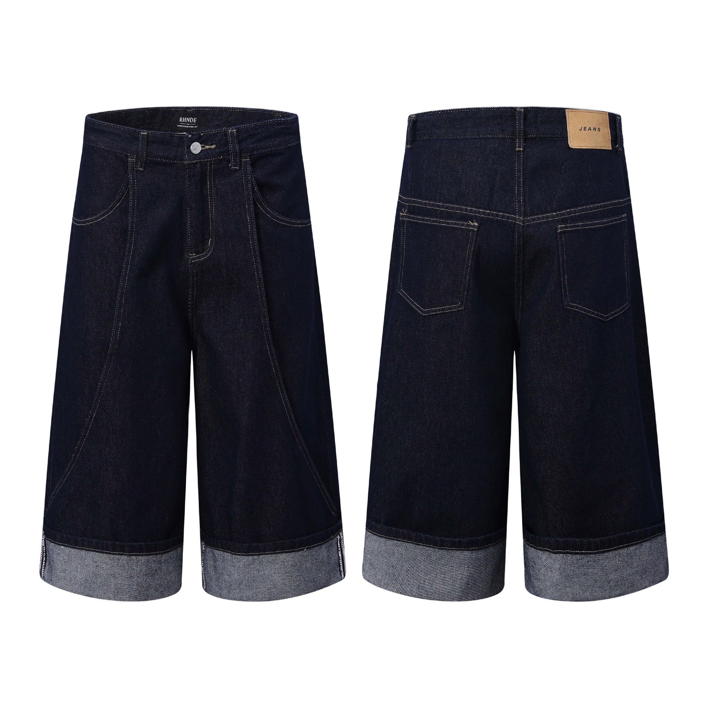 Spliced Hem Denim Shorts - Unisex Loose Fit