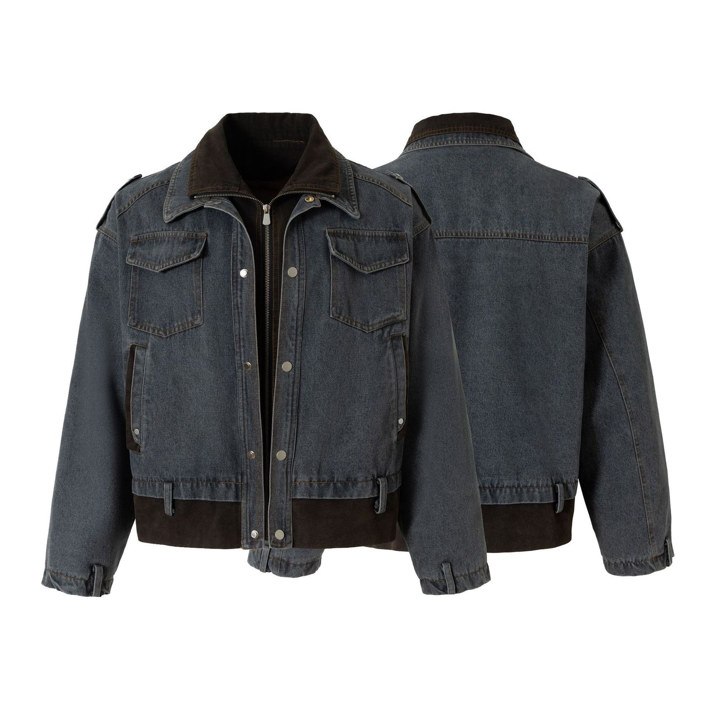 High-Street Stand Collar Patchwork Functional Denim Jacket