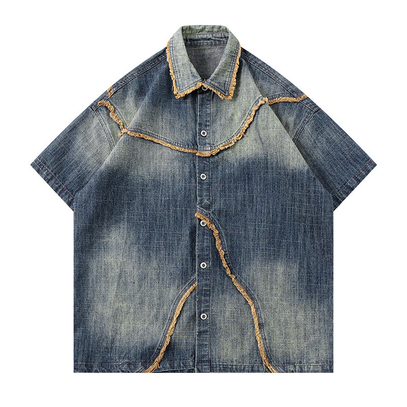 Washed Gradient Design Denim Short Sleeve Shirt