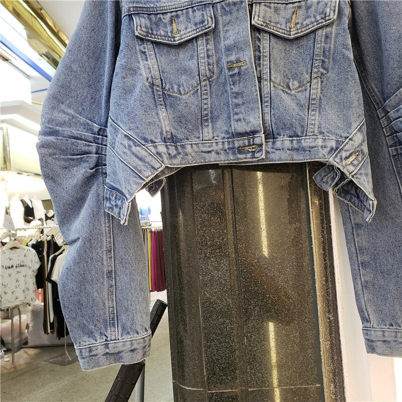 Crinkled Design Denim Jacket for Women