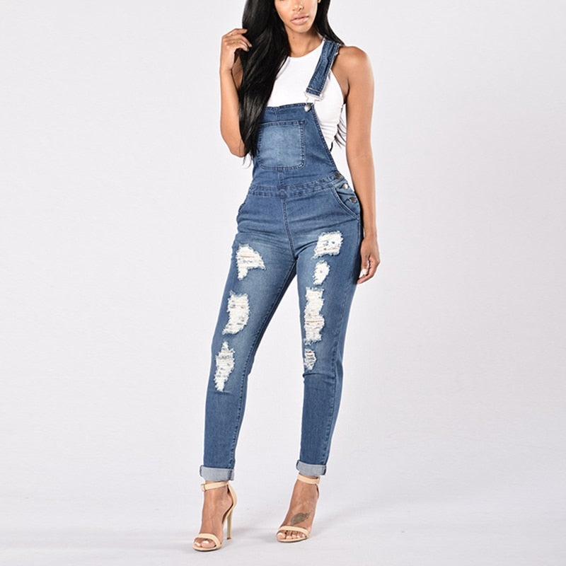 Women's Cool Denim Jumpsuit with Ripped Holes