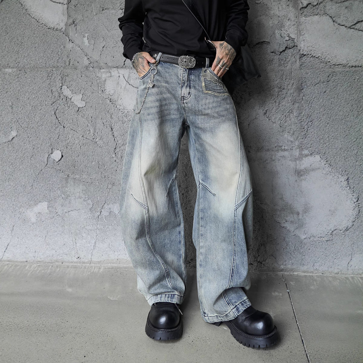 Vintage Distressed Denim Pants for Men in Graffiti Slash Design