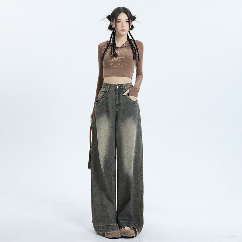 Women's Wide-Leg High-Waisted Distressed Jeans - Vintage Blue