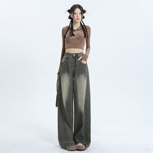 Women's Wide-Leg High-Waisted Distressed Jeans - Vintage Blue