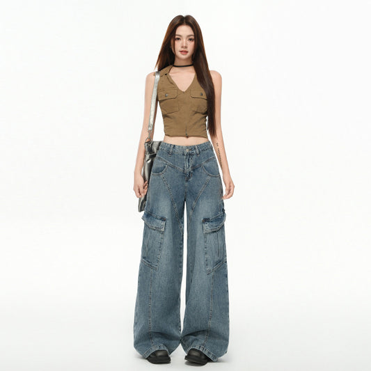Women's Multi-Pocket Workwear Denim Pants - Loose Wide-Leg Style