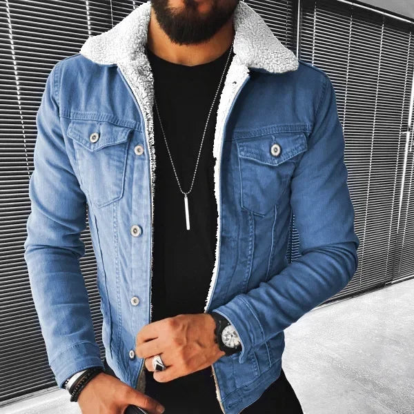 Men's Thickened Warm Denim Coat with Plush Lapel