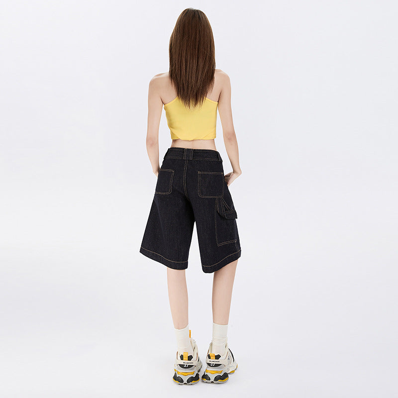 Color-Blocked Denim Pants for Women Casual Loose Straight Leg Capri Pants