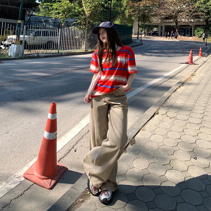 Khaki Denim Pants for Women - Loose Fit, High Waist, Straight Leg, Wide Leg Trousers