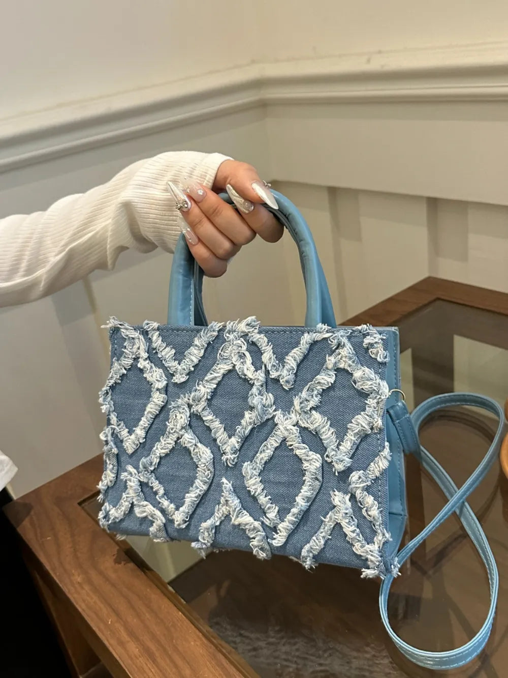 Premium Quality Raw Hem Denim and PU Leather Handbag