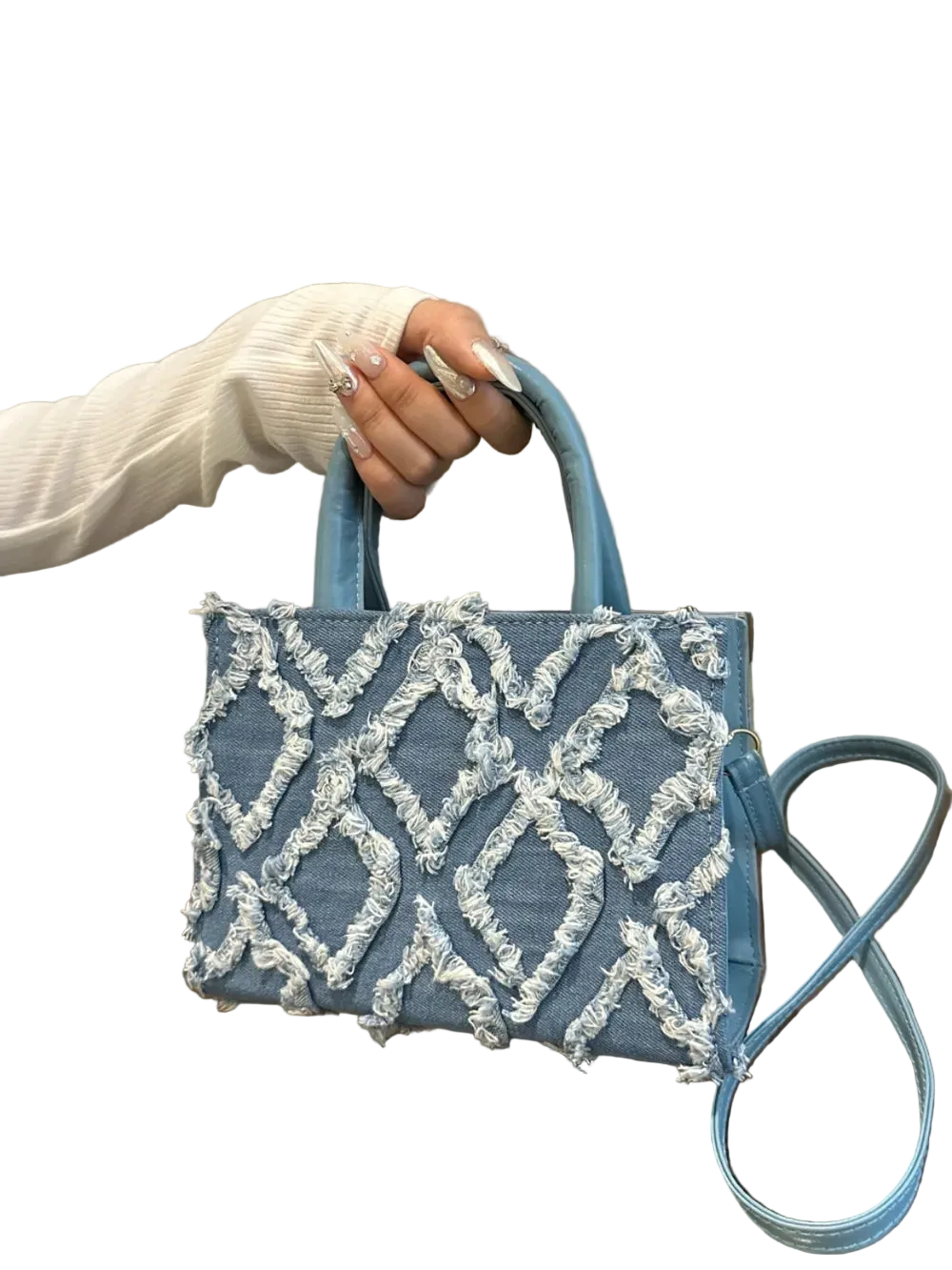 Quality Raw Hem Denim and PU Leather Handbag