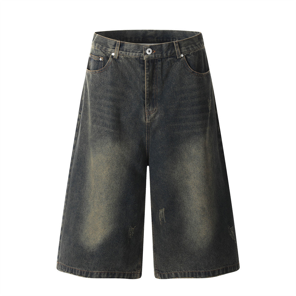Men's Retro Distressed Denim Three-Quarter Pants