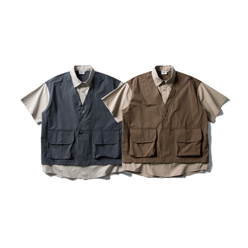 Retro Contrasting Color Splicing Fake Two-Piece Design Loose Workwear Shirt for Men