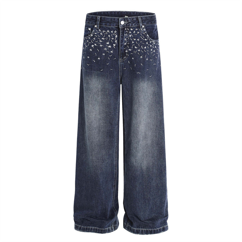 Street Design Floral Embroidered Denim Wide-Leg Long Pants