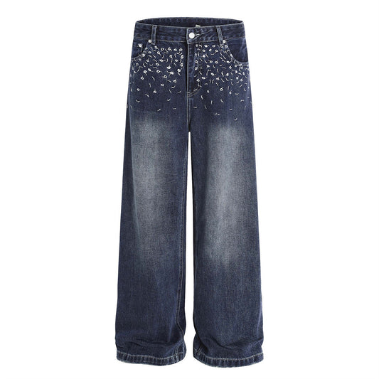 Street Design Floral Embroidered Denim Wide-Leg Long Pants