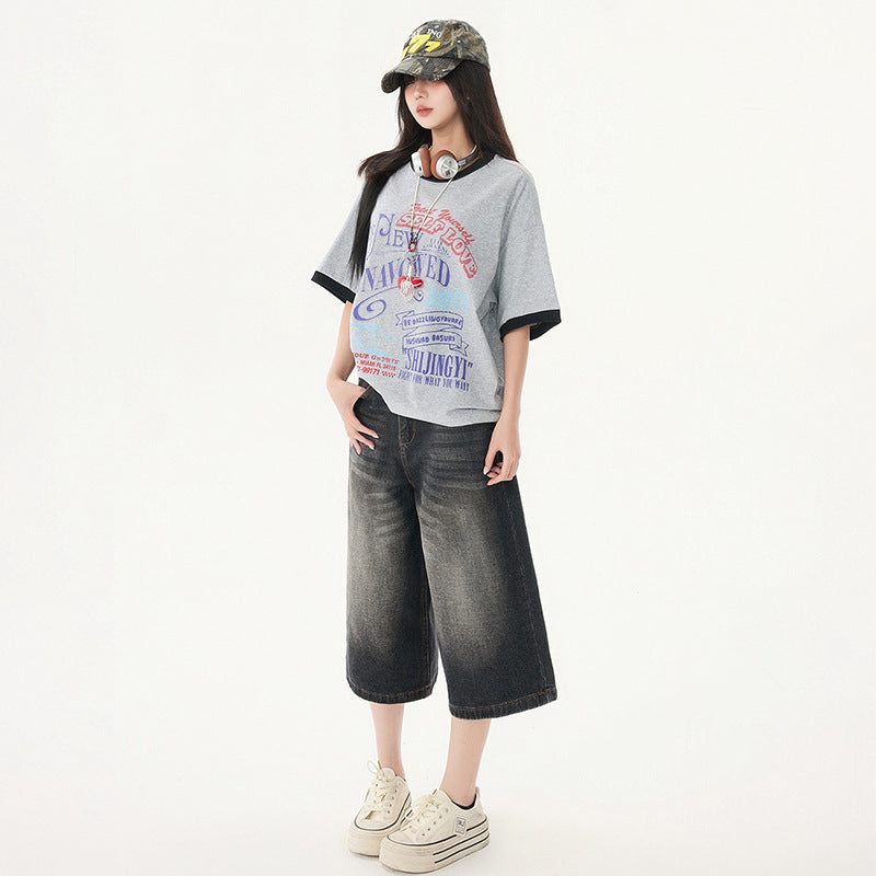 Women's Washed Seven-Quarter Denim Pants - Loose Straight Wide-Leg Mid-Length Trousers