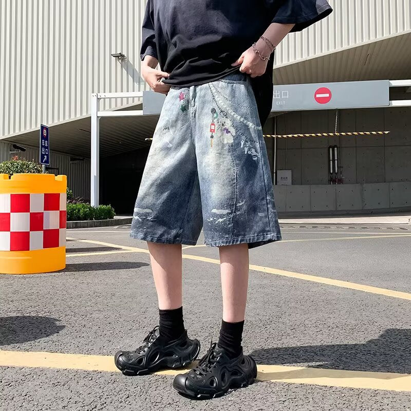 Spray Painted Chain Printed Denim Cropped Pants for Men