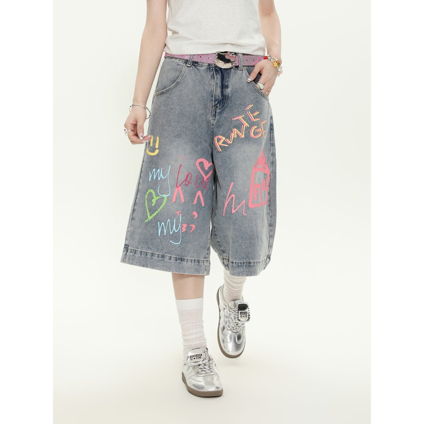 Men's Hand-Painted Colorful Graffiti Denim Pants